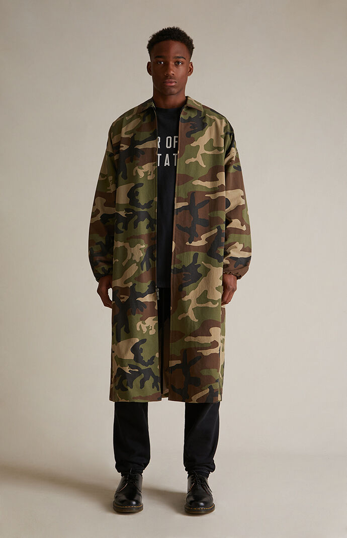 Fear of God ESSENTIALS Woodland Camo Nylon Trench Jacket | Pacsun