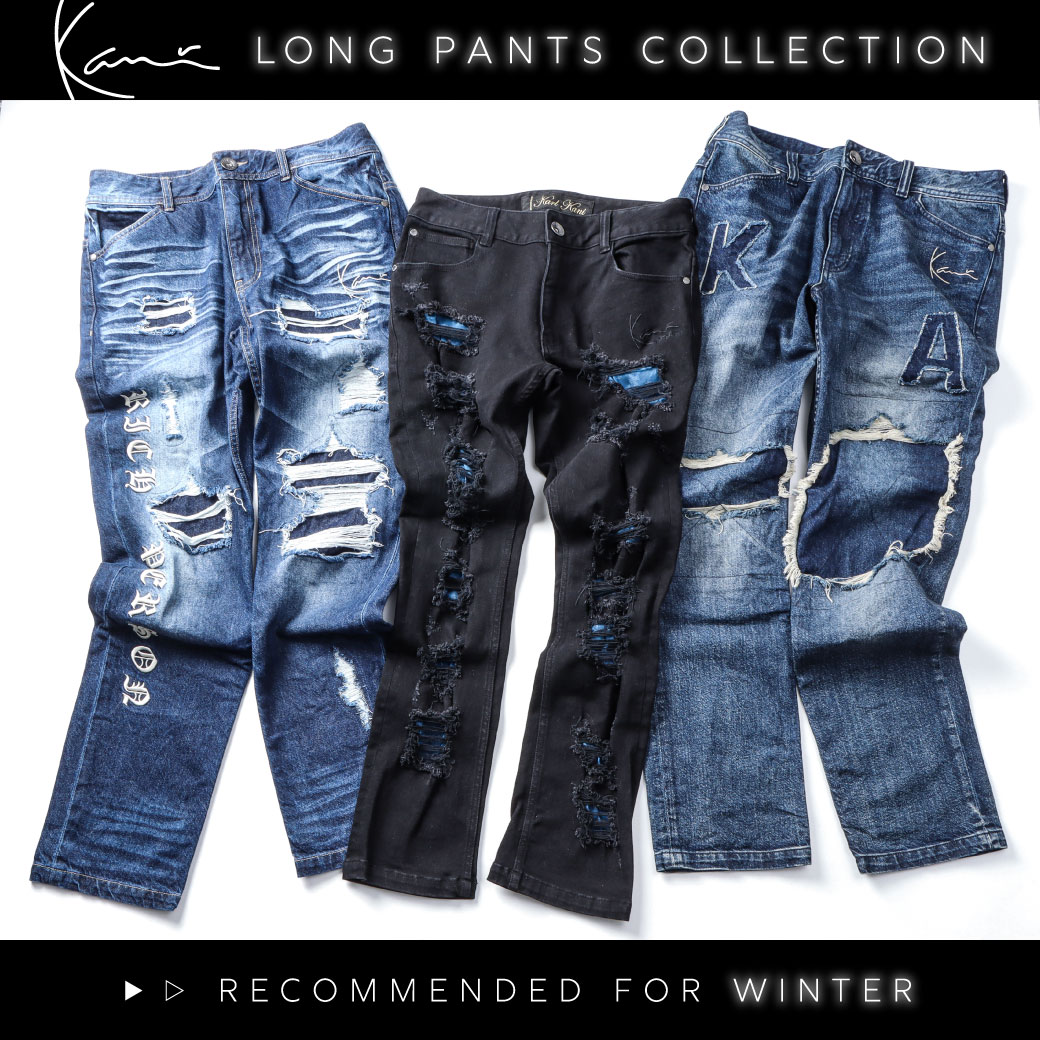 Karl Kani] ストレッチ ブルー ダメージ ブラック デニムパンツ | PEET