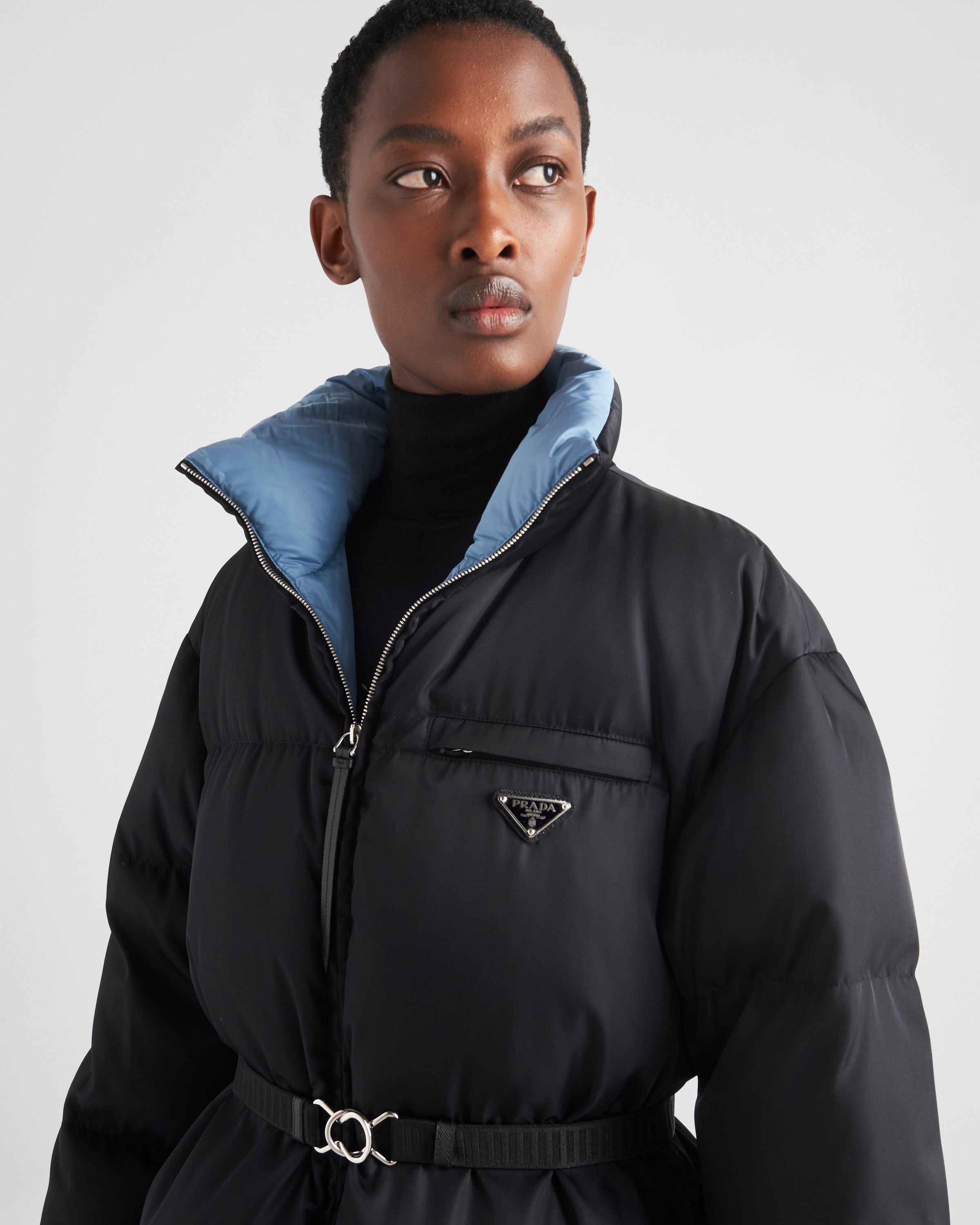 Black Re-nylon Gabardine Hooded Down Coat | PRADA
