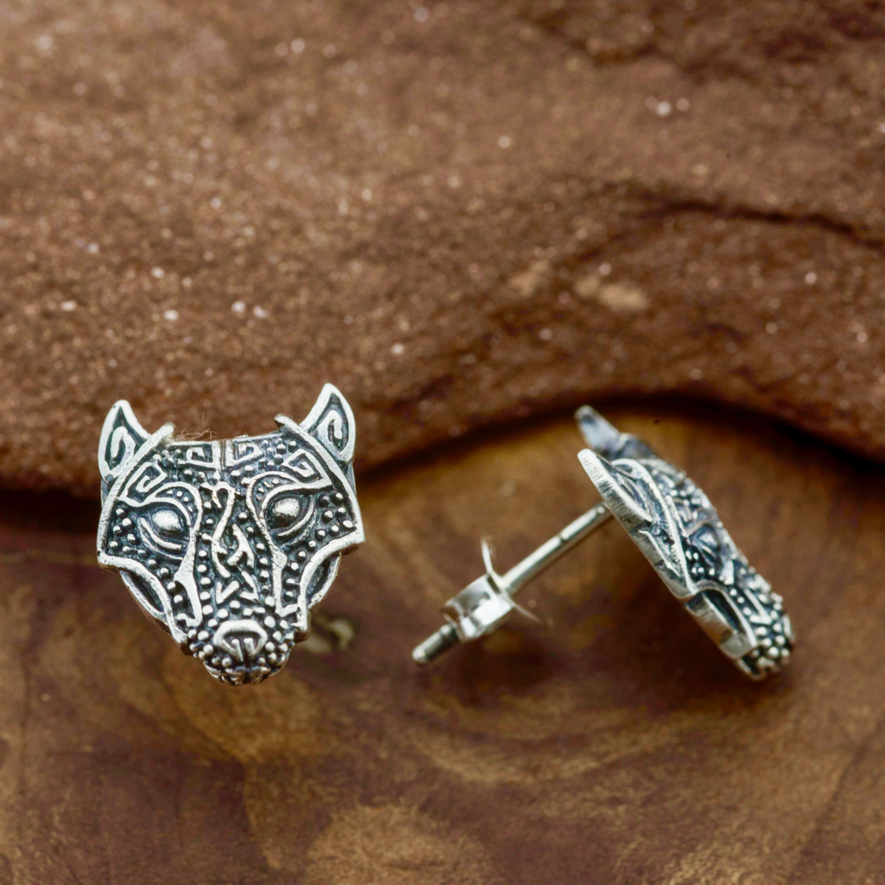 Silver Viking Celtic Fenrir Wolf Stud Earrings - Royal Mile Silver