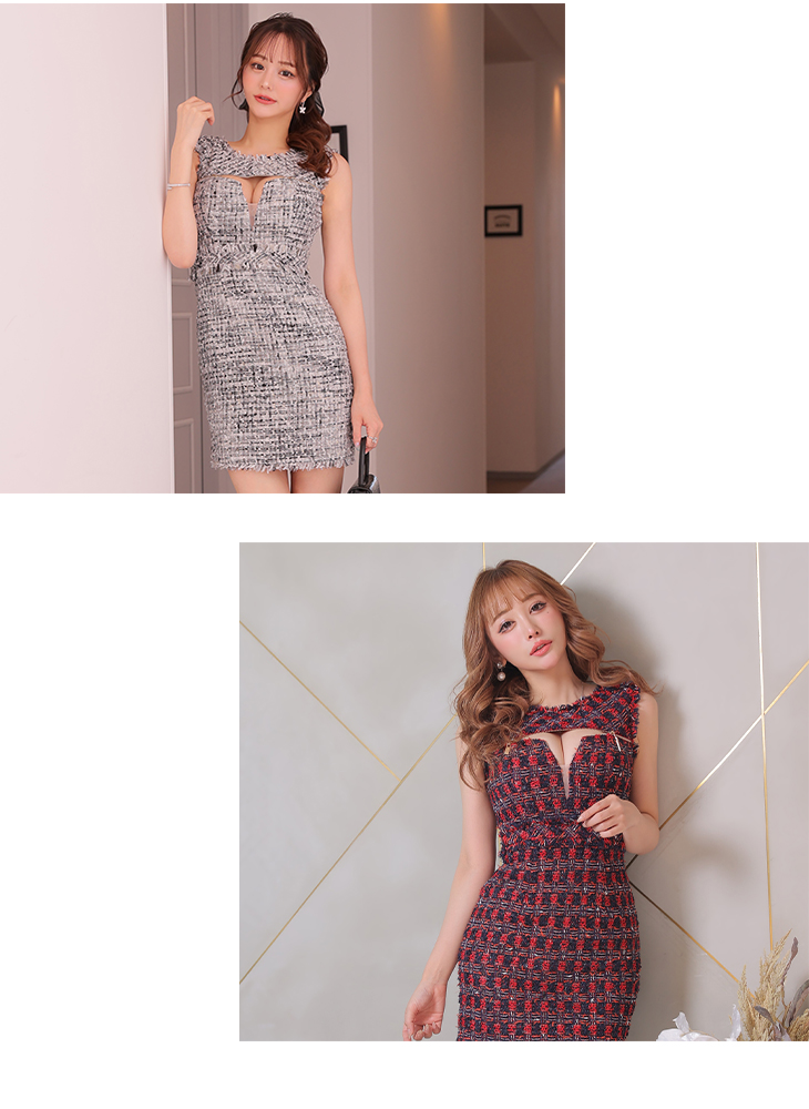 glossy ツイードxフロントジッパータイトミニキャバドレス 完売 XS～L
