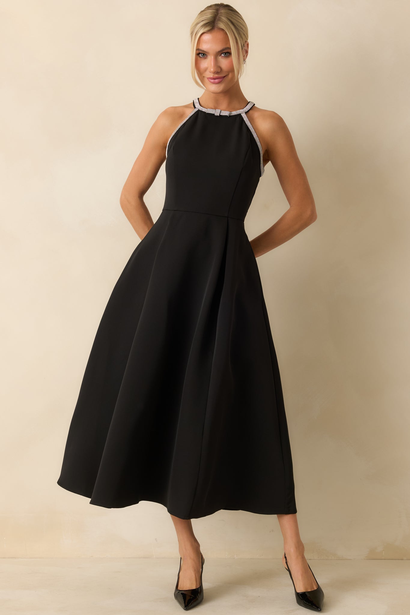 Black Rhinestone Trim Midi Dress - Event Dresses | Red Dress
