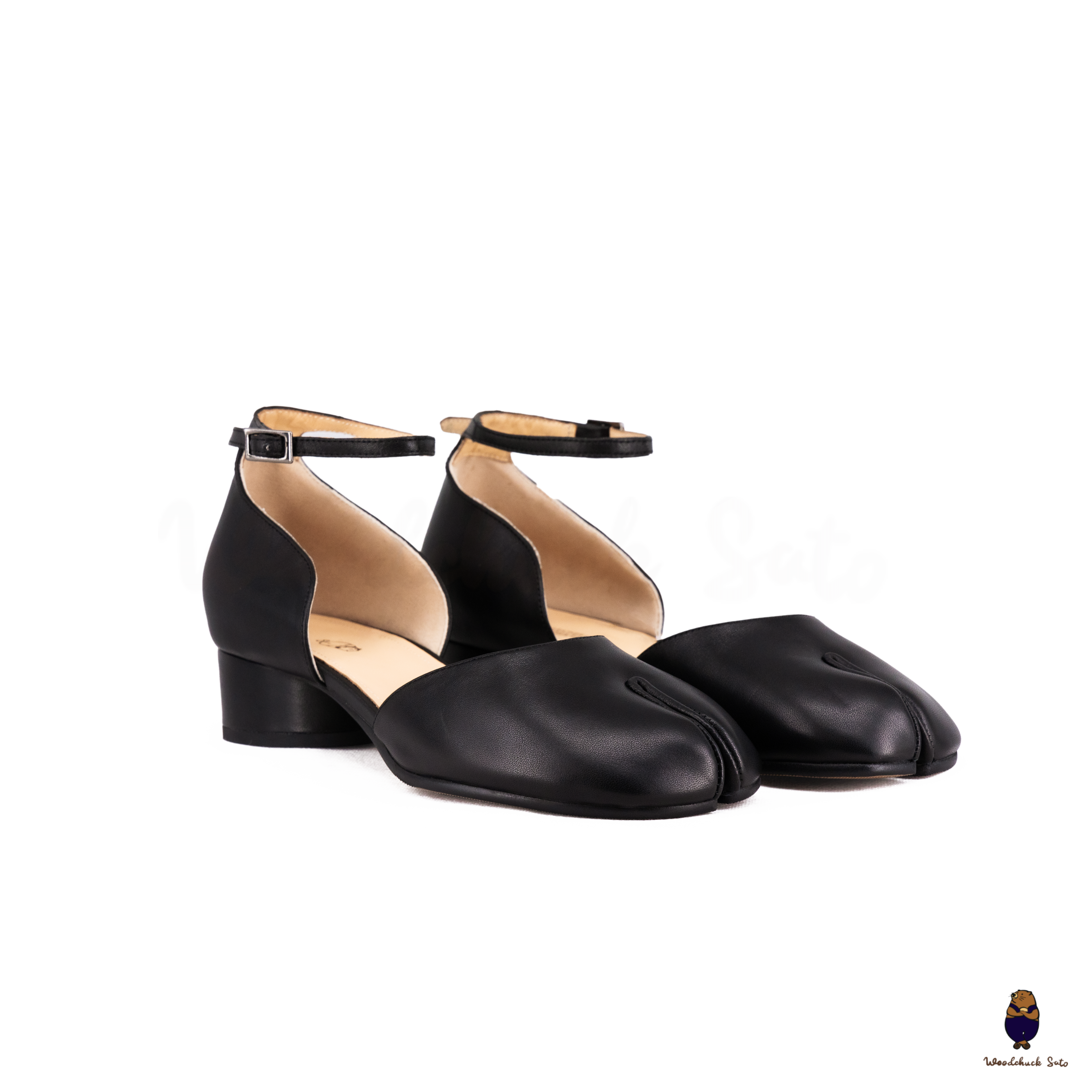 WoodchuckSato Black Leather D'Orsay Tabi Ankle-Strap 3 cm Heels