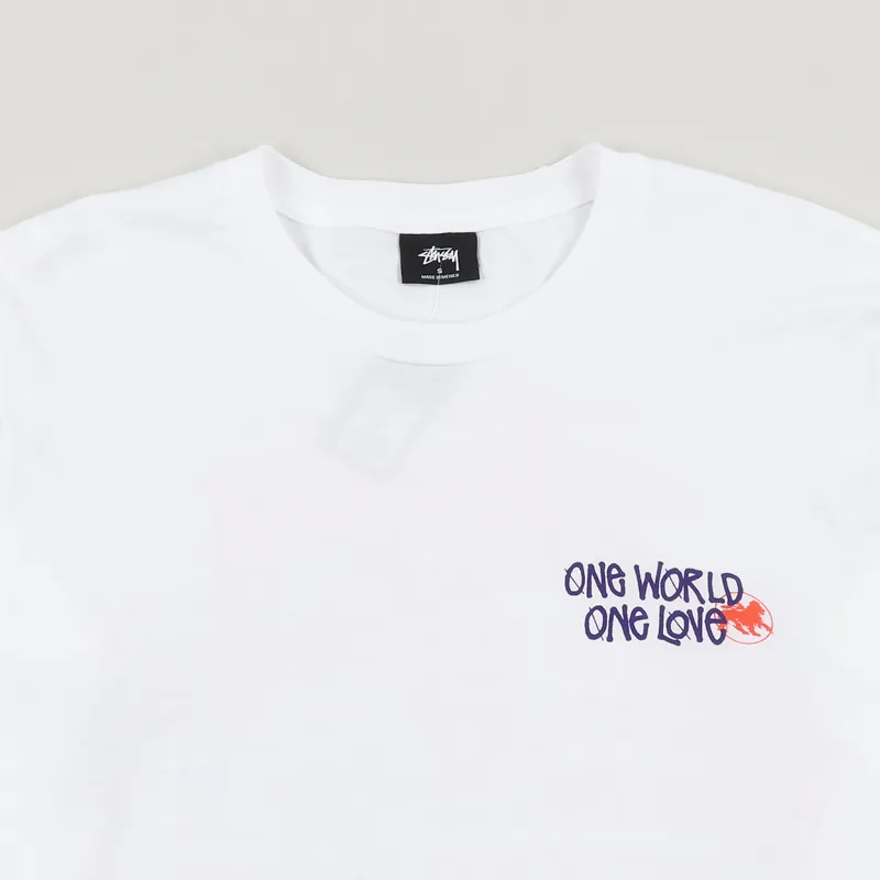 Stussy Mens One World Graphic Logo Long Sleeve T Shirt Tee White