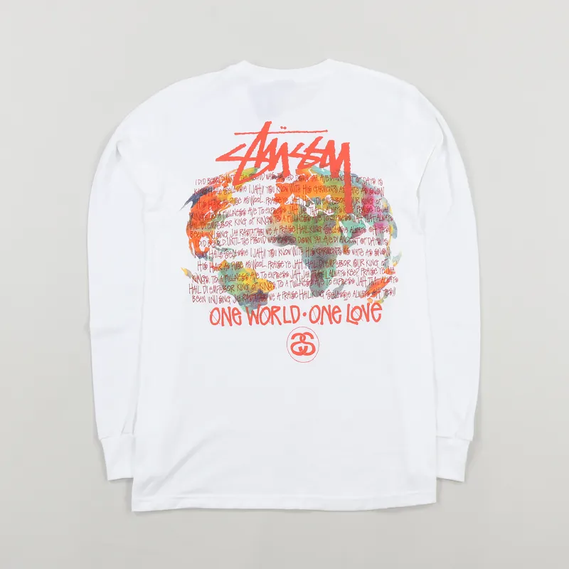 Stussy Mens One World Graphic Logo Long Sleeve T Shirt Tee White