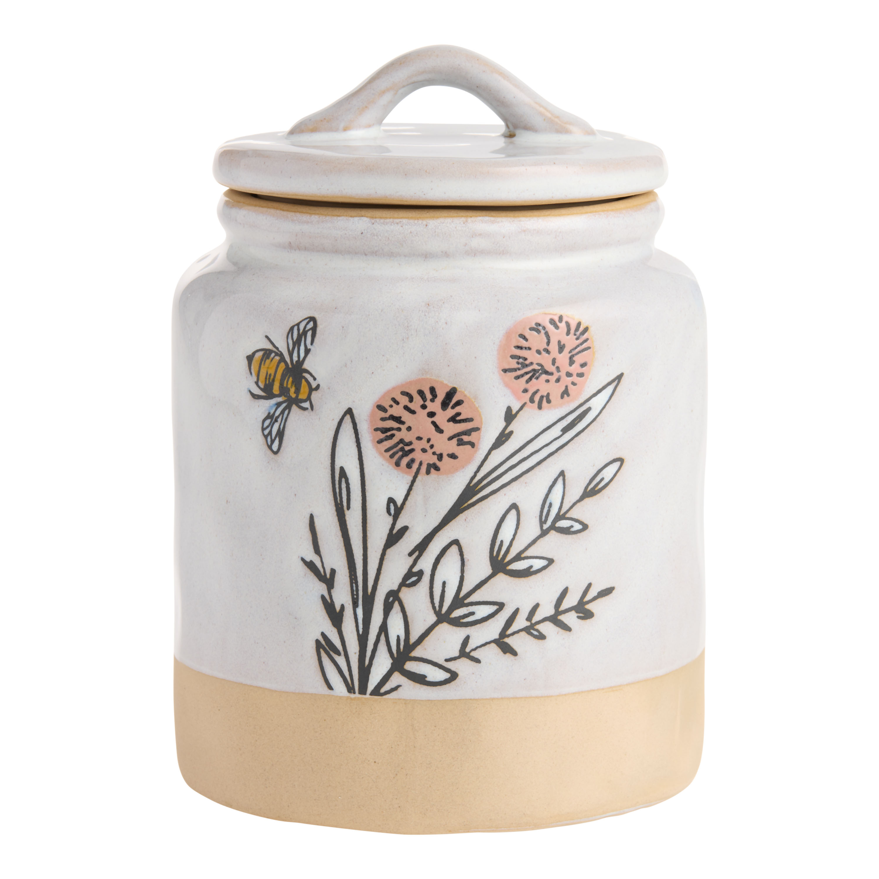 Ivory Wax Resist Ceramic Flowers and Bee Storage Container - World