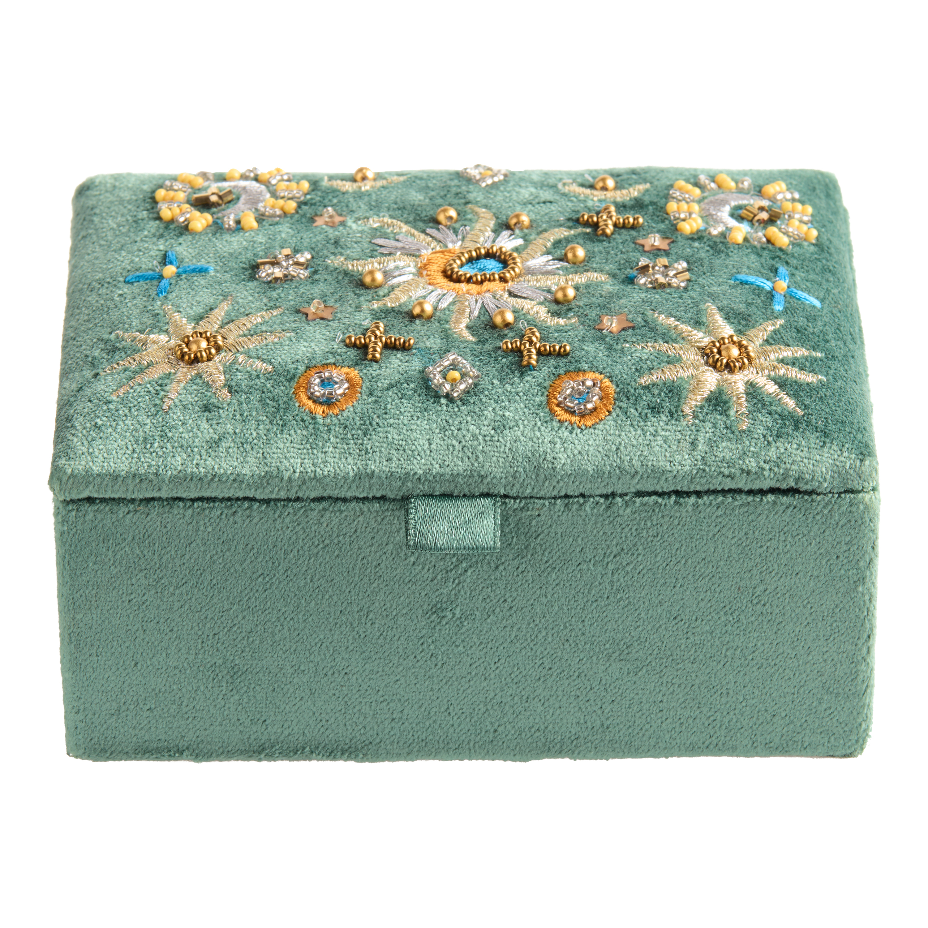 Green Velvet Celestial Beaded Travel Jewelry Box - World Market