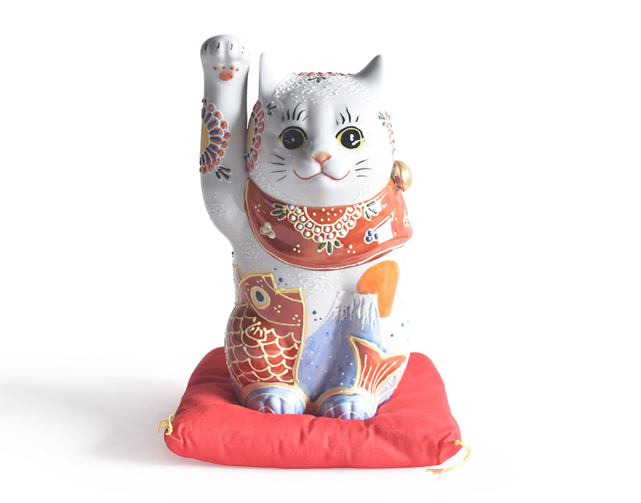 九谷焼 招き猫 置物 祝鯛 座布団付