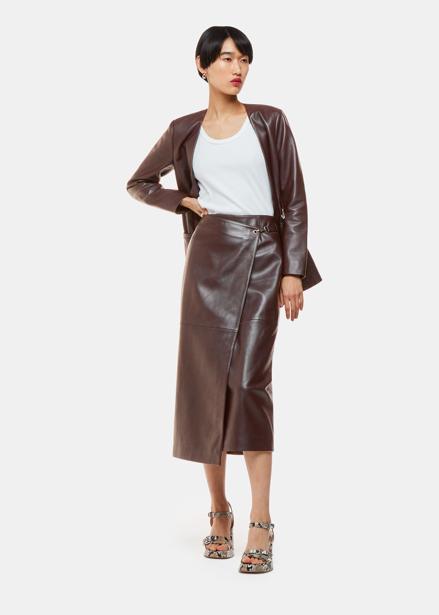 Chocolate Josie Wrap Leather Skirt | WHISTLES | Whistles US |