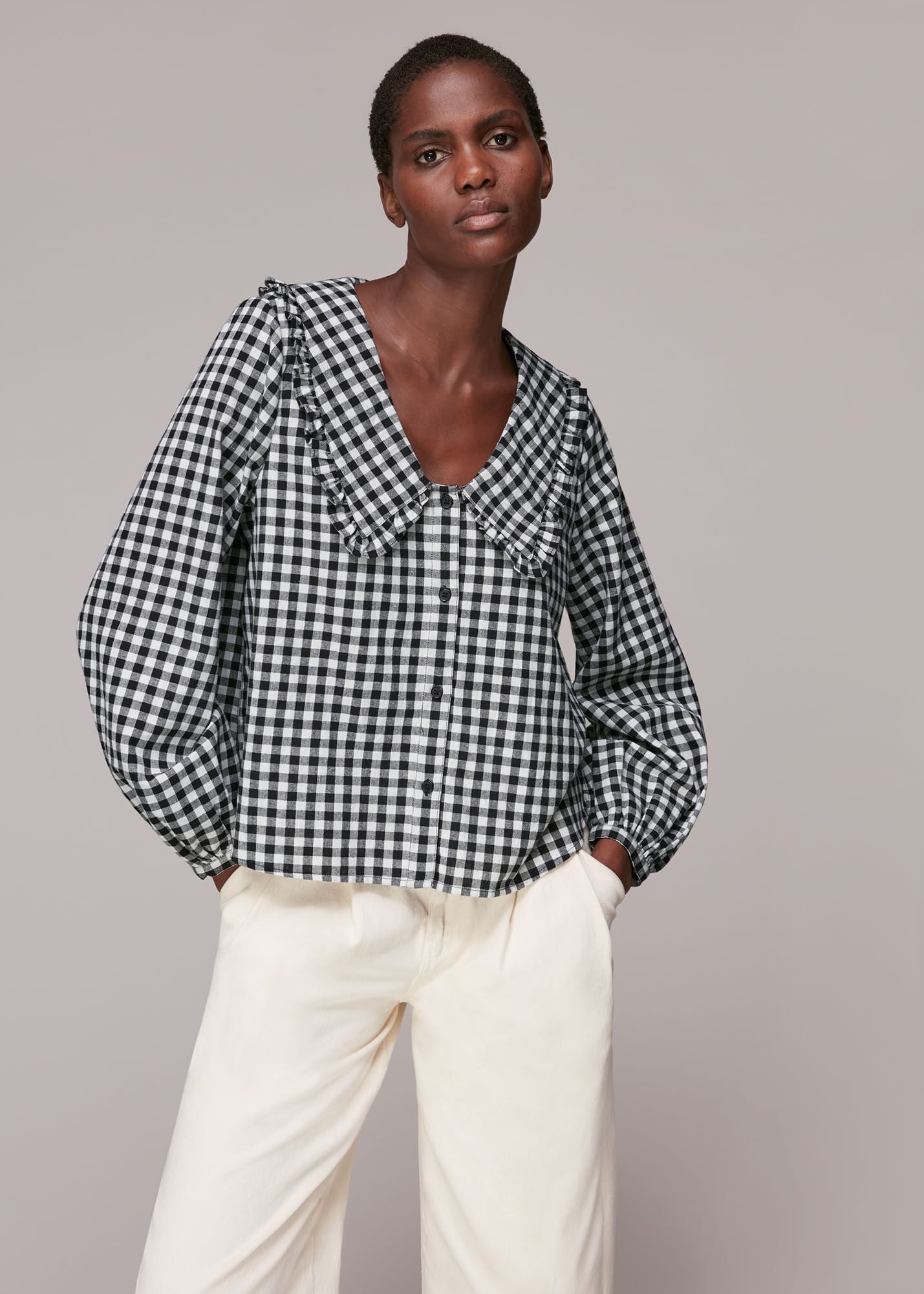 Black/Multi Gingham Collar Detail Top | WHISTLES | Whistles US |