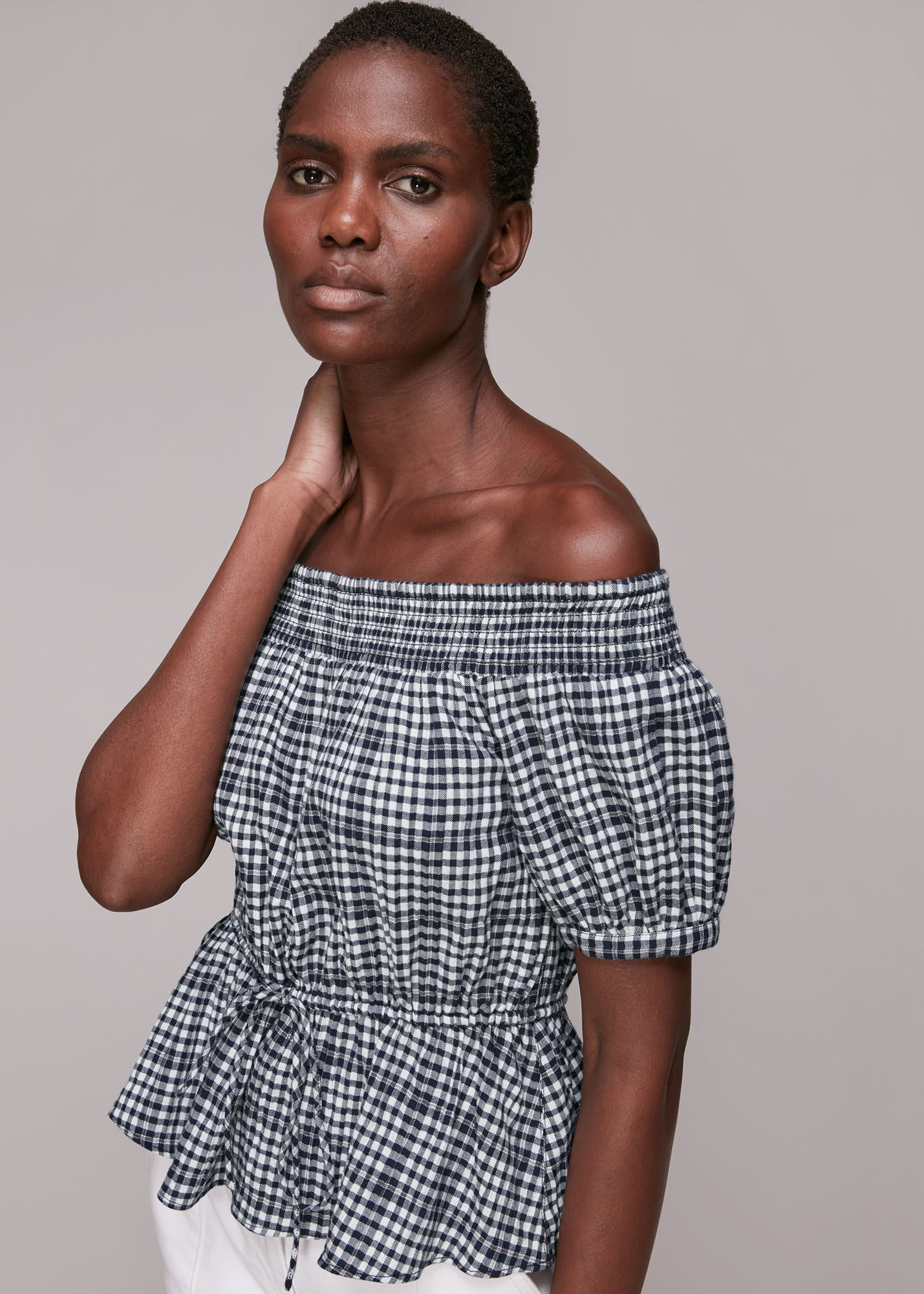 Black/Multi Check Bardot Top | WHISTLES | Whistles US |