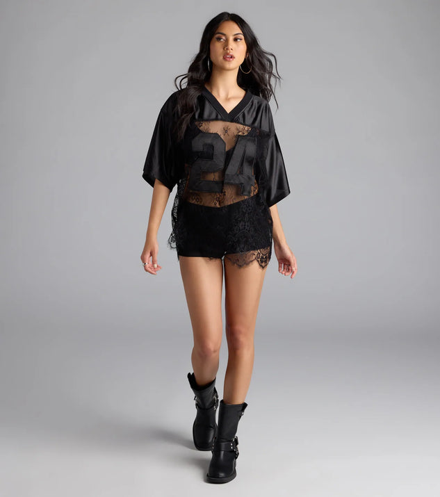 Sporty Chic Lace V-Neck 24 Graphic Jersey Top | Windsor