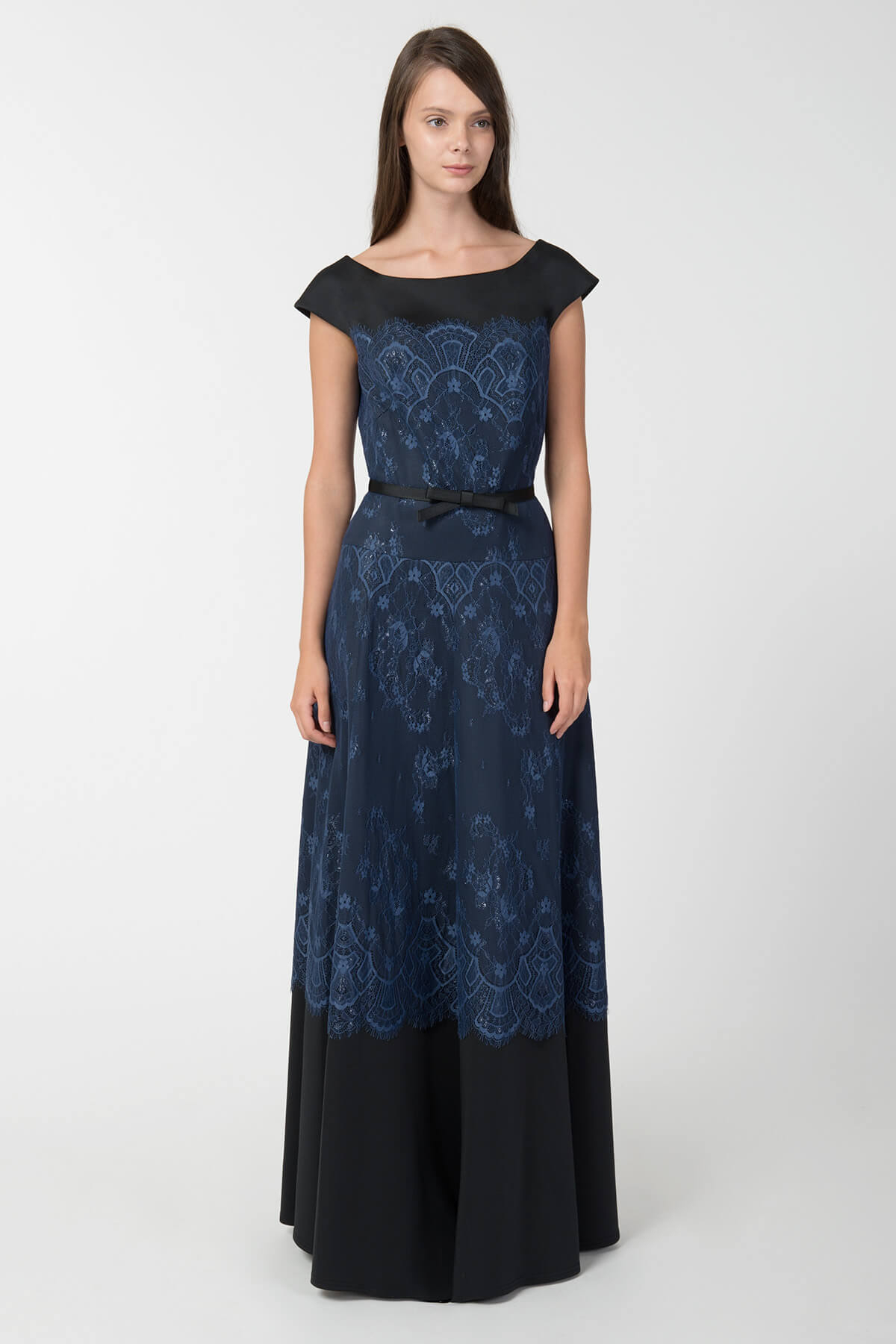 Neoprene & Lace Cap Sleeve Gown in Dusty Navy / Black | Tadashi Shoji