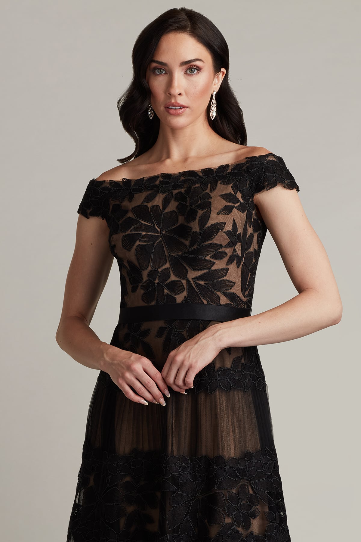Adriane Floral Embroidered Tea-Length Dress BK | Tadashi Shoji