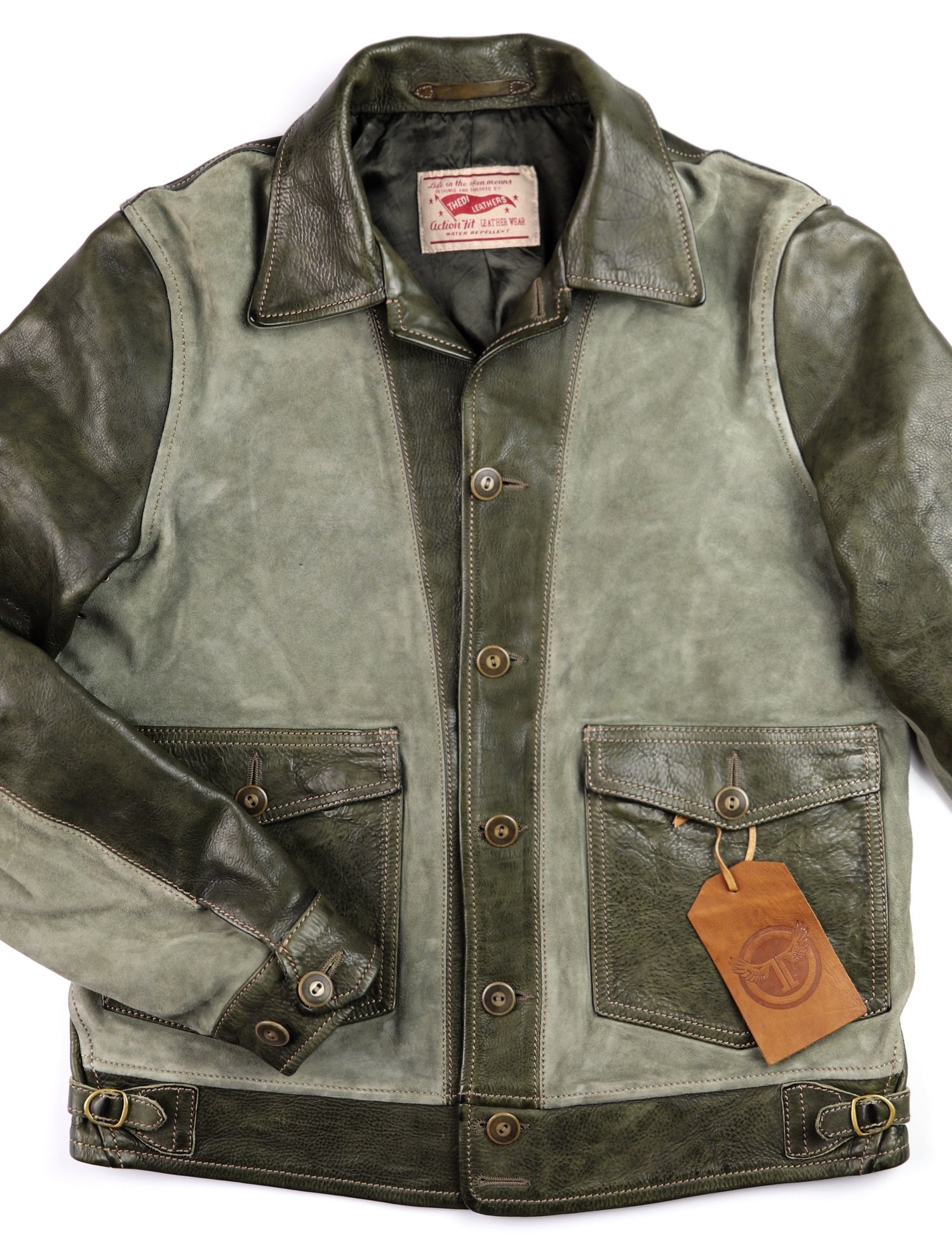 Thedi Niko Button-Up Jacket, size Medium, Green Goat Suede and