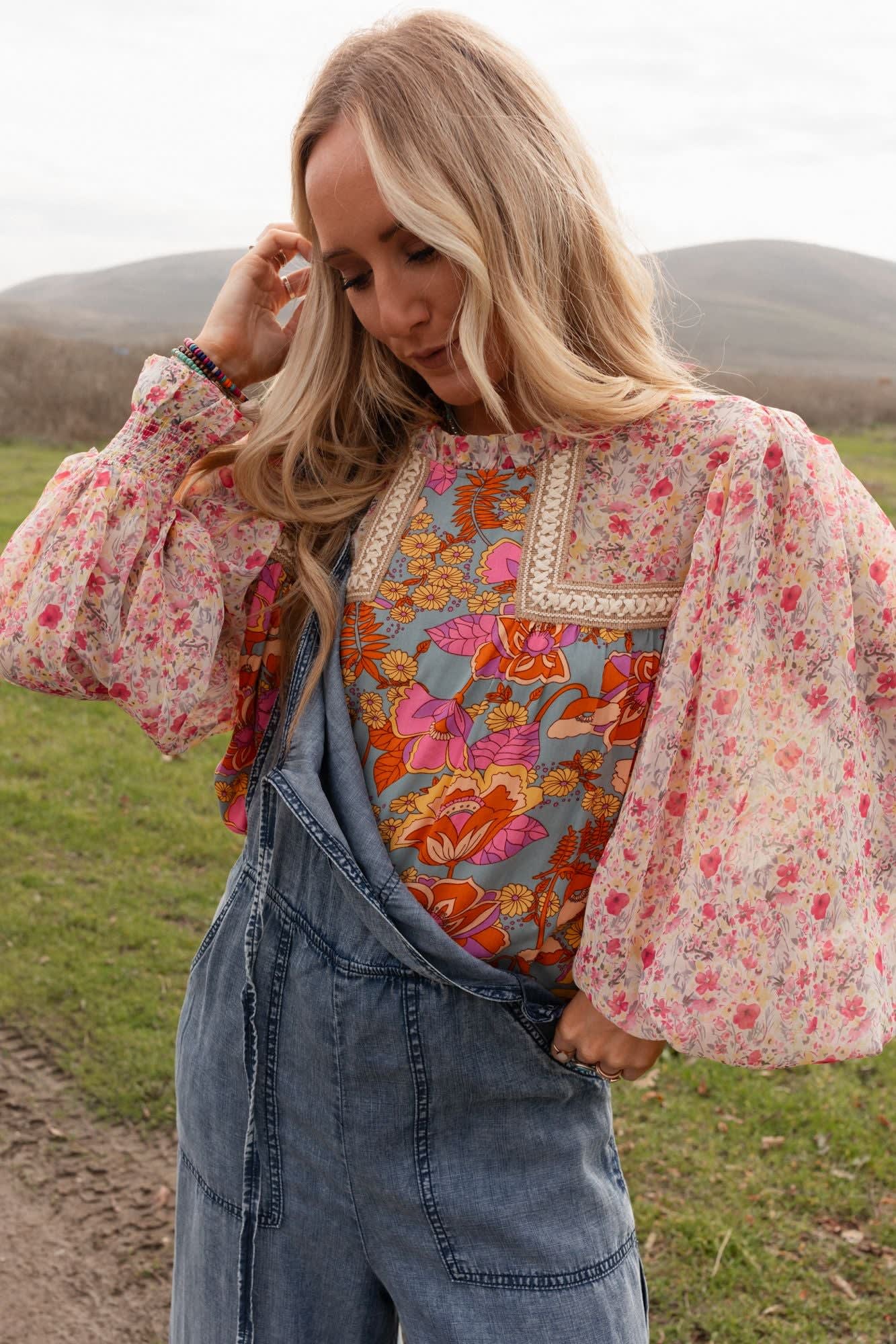 Flower Frenzy Bubble Sleeve Top — Three Bird Nest