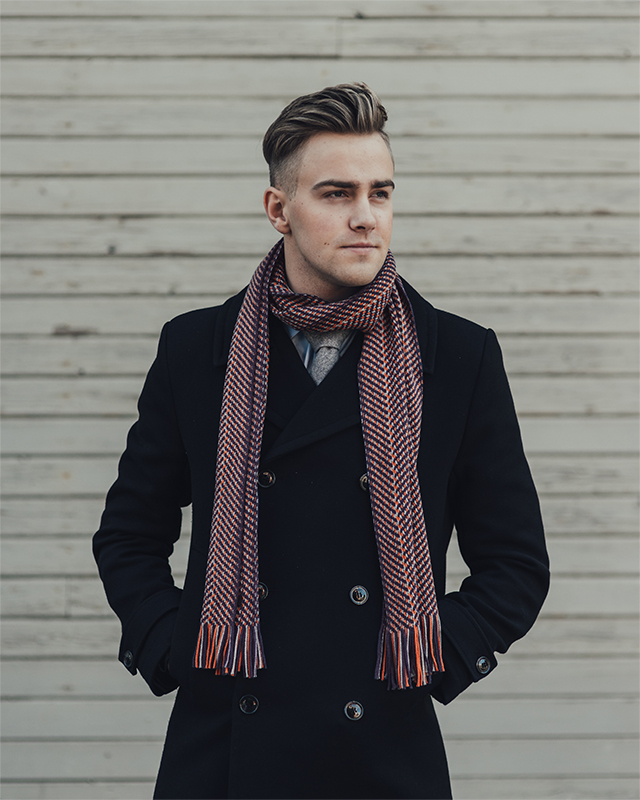 Men's Scarf - Large herringbone chunky knit in blue and orange