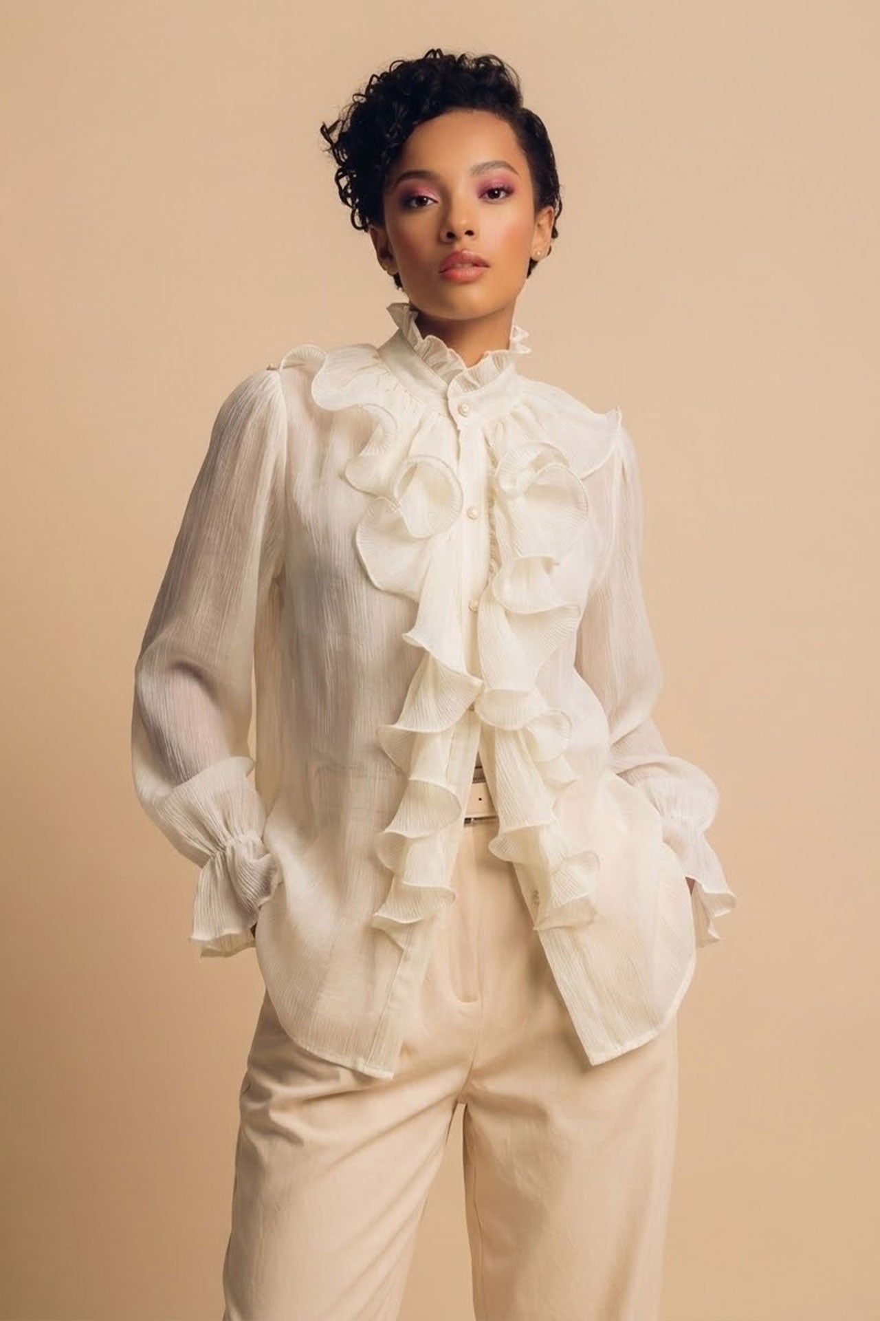 Beige Chiffon Ruffle Blouse Women | High Neck Button-Up - Tucreate