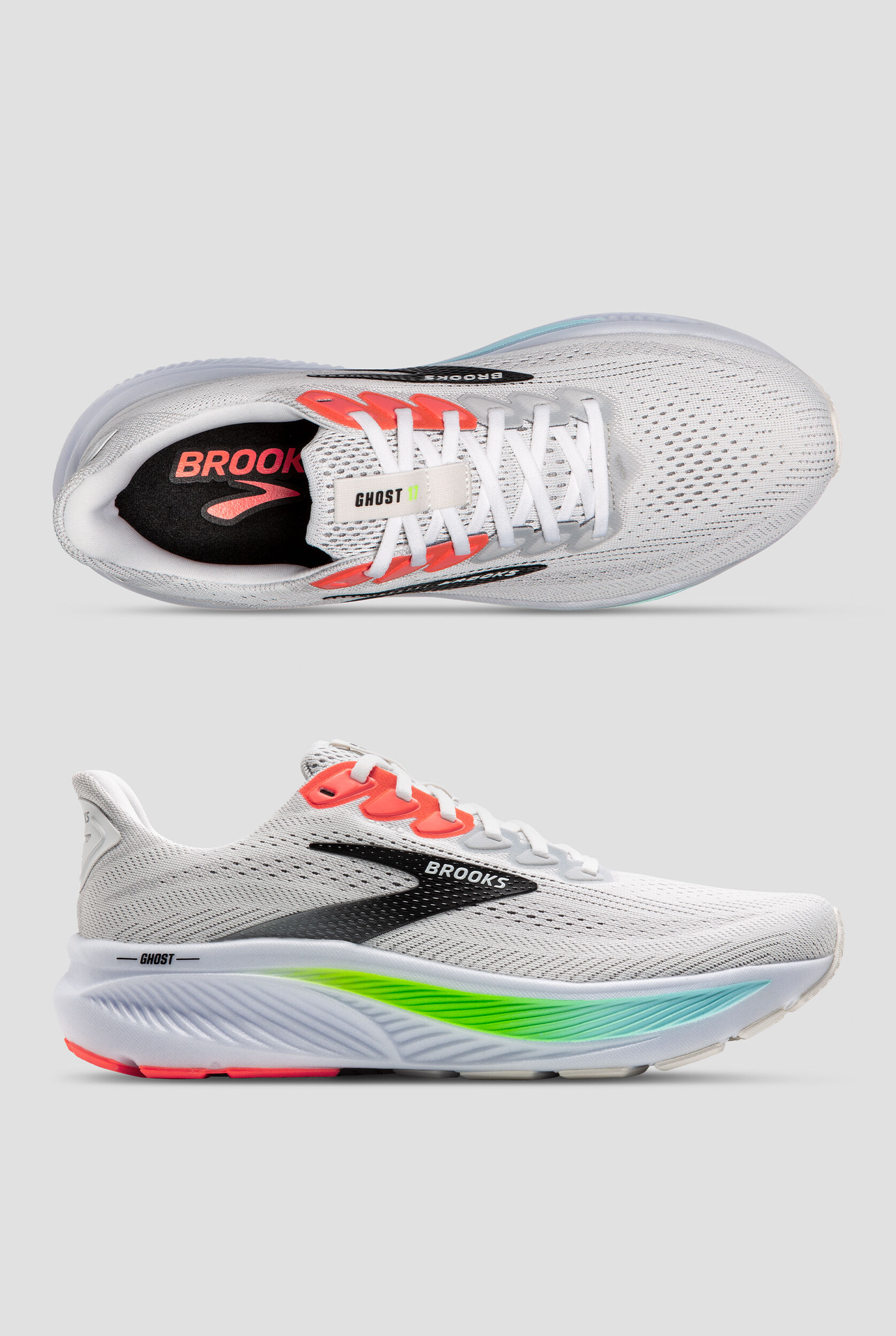 Brooks Men's Ghost 17 White/Pink Clay/Gecko Athletic Lace Up Shoes