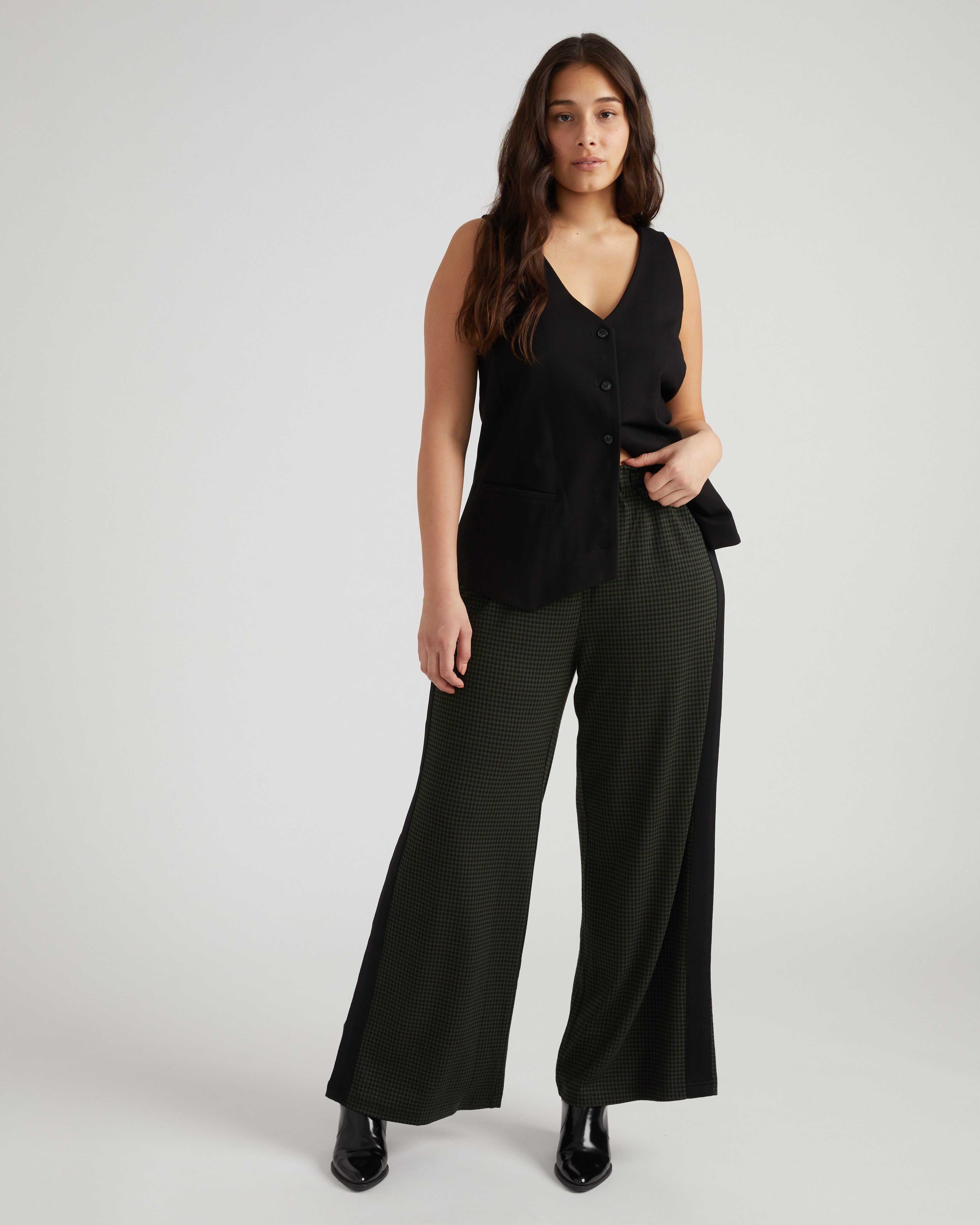 Stephanie Wide Leg Stripe Ponte Pants 30 Inch - Forest Houndstooth