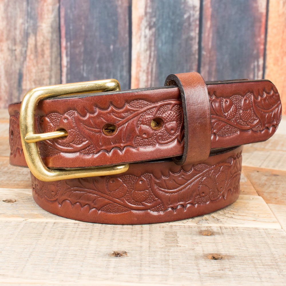 Brown Oak Leaf Embossed English Bridle Leather Belt – Yoder