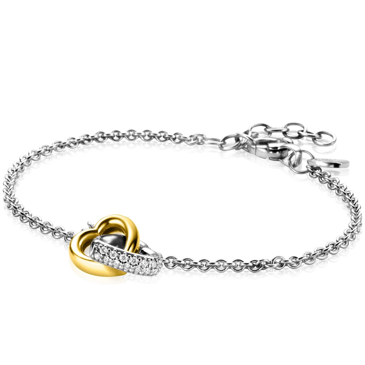 ZINZI zilveren armband bicolor schakel met twee harten verbonden