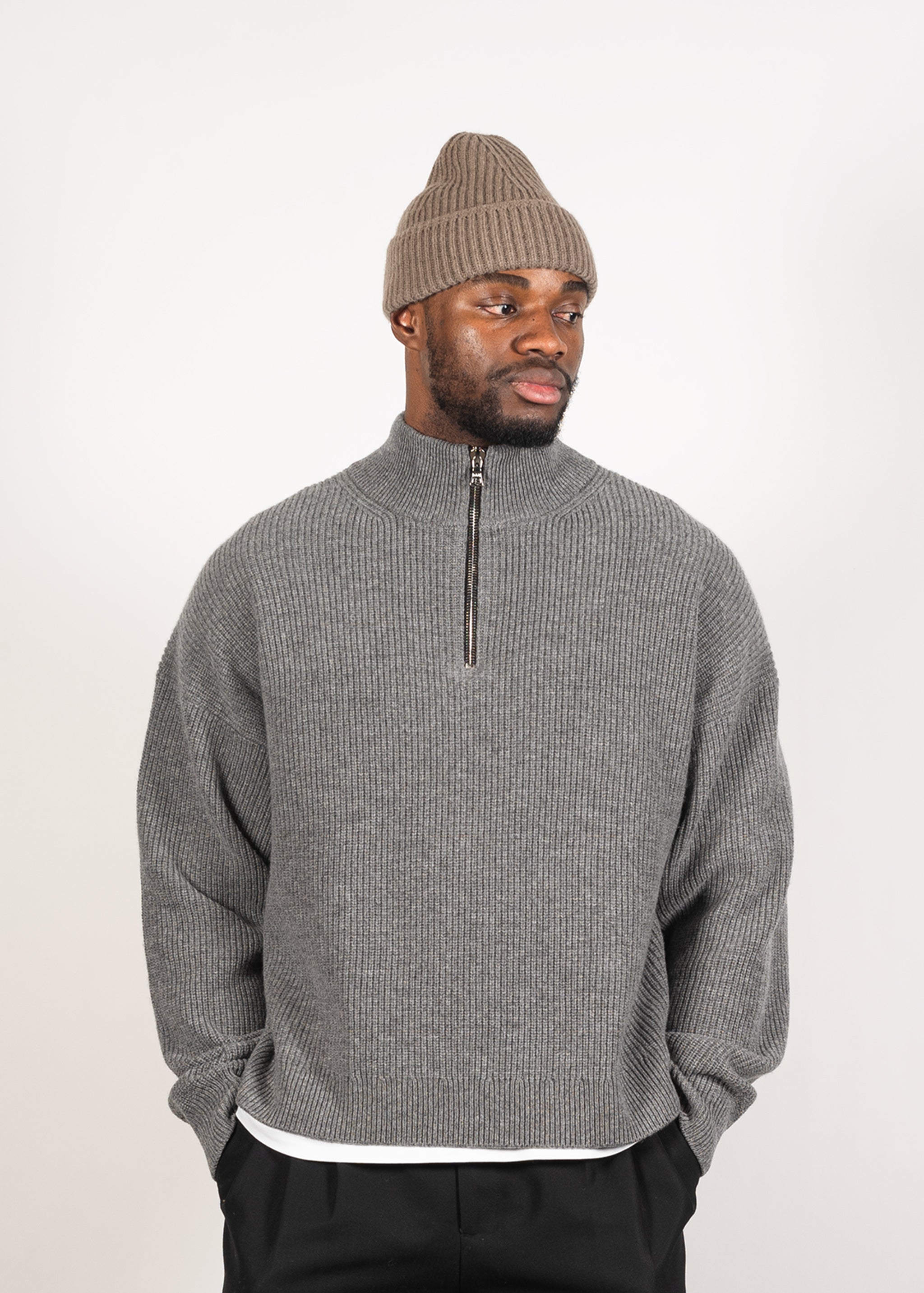 Oversized Half-Zip Cashmere Blend Sweater – Yacaia Y-0015 in Grey