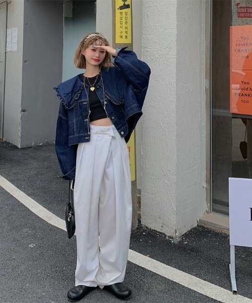 ALMO デニムジャケット gジャン フリルビッグカラーデニムジャケット