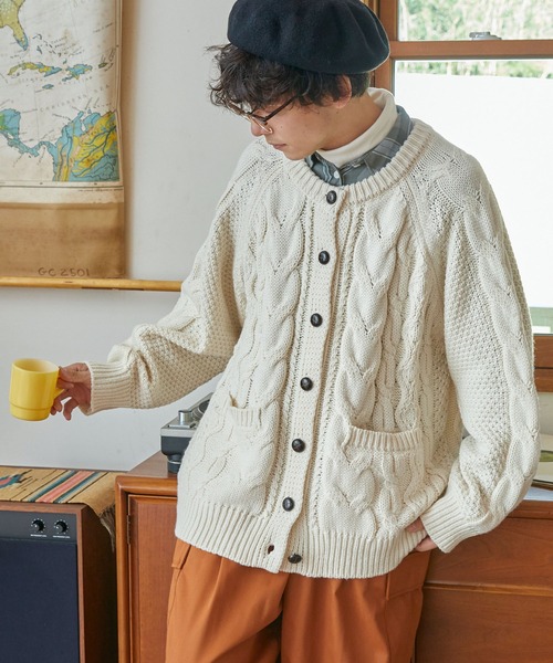 カーディガン フィッシャーマンクルーネックニットカーディガン