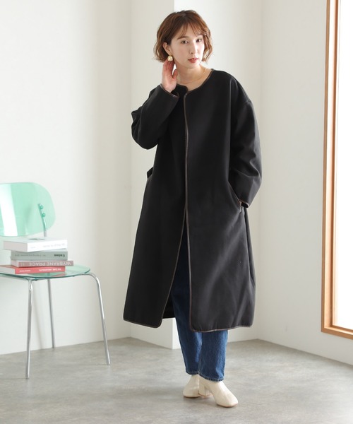 ElegChic ノーカラーコート コート 配色パイピングラップコート