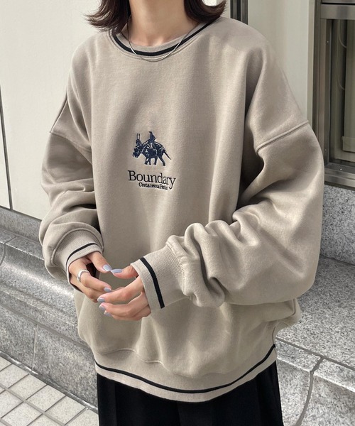 トレーナー スウェット ライン入り刺繍スウェット レディース