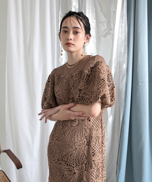 Callarus ドレス 「Callarus」ケミカルレース使いボリューム袖デザイン