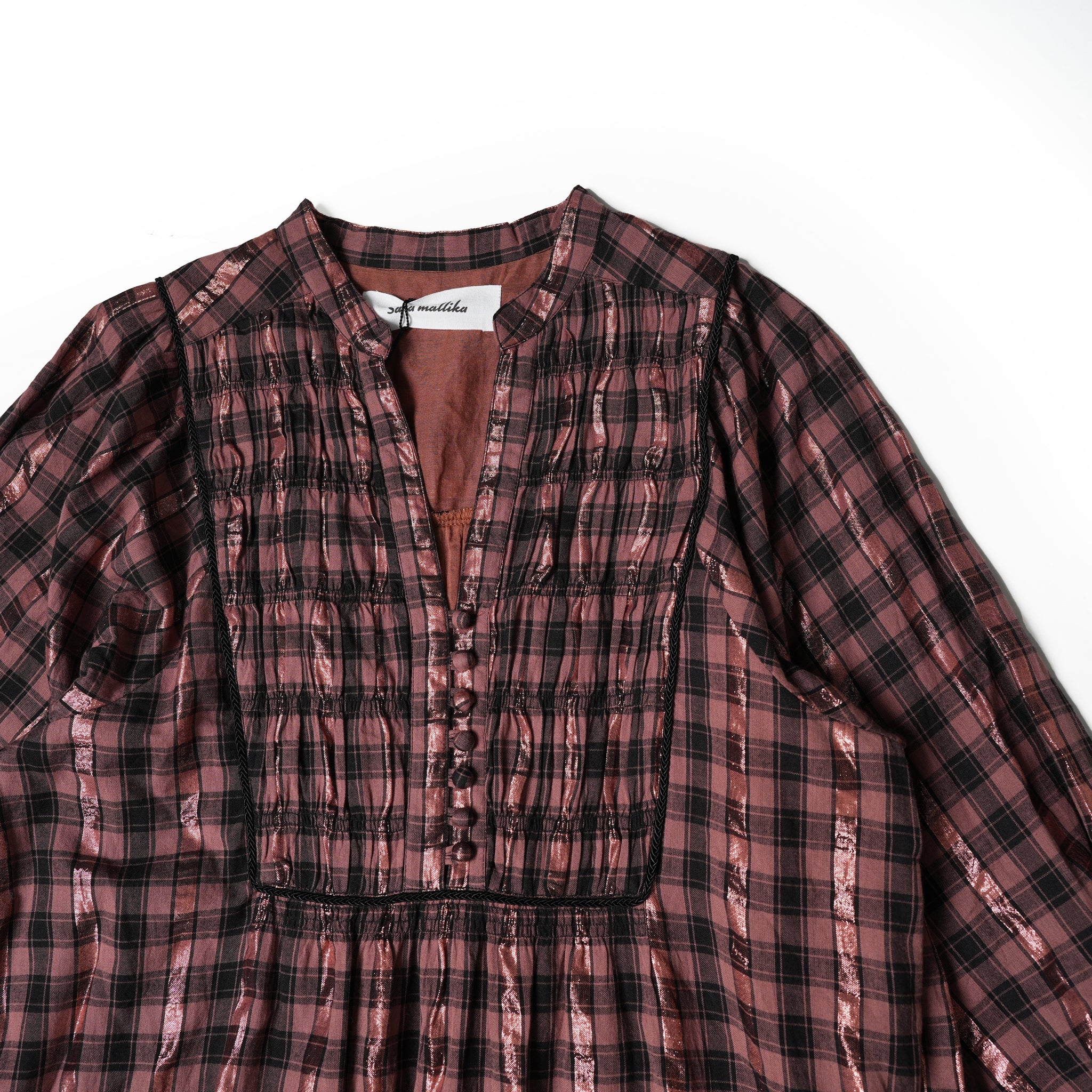 020442SR1 | COTTON CHECK SHIRRING LONG DRESS | Color:Brown