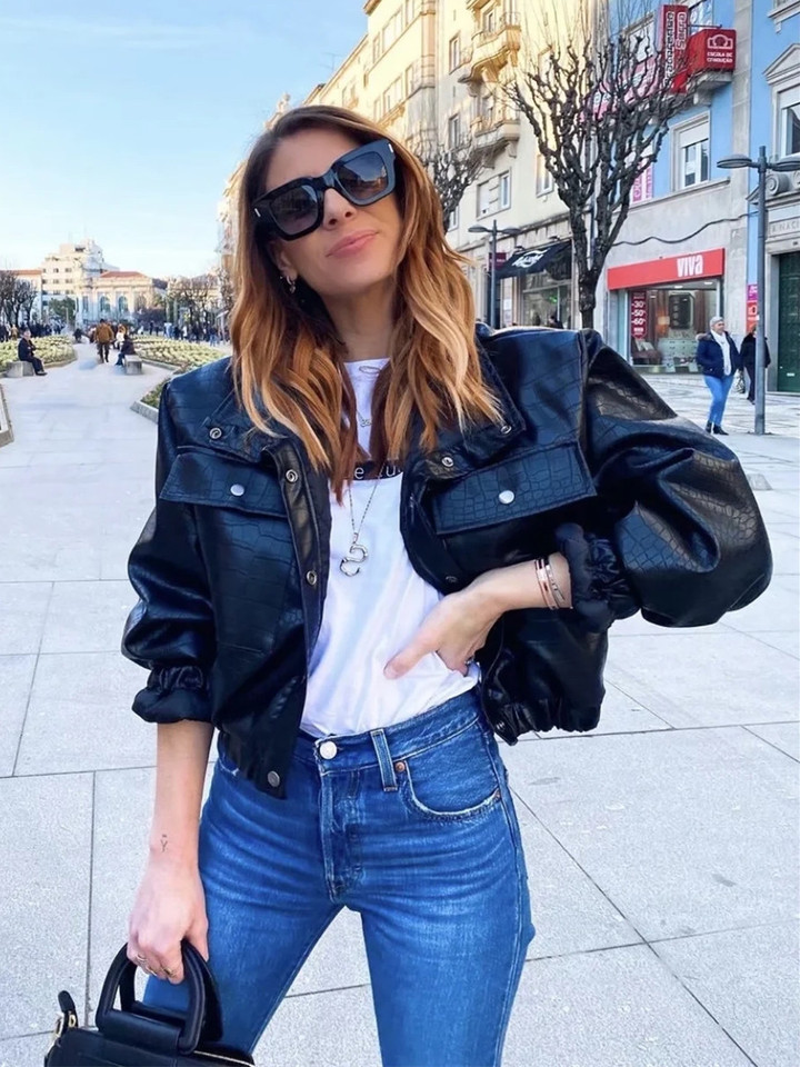 2021 Y2K COOL Women Plaid Embossing PU Leather Jacket With Quilted
