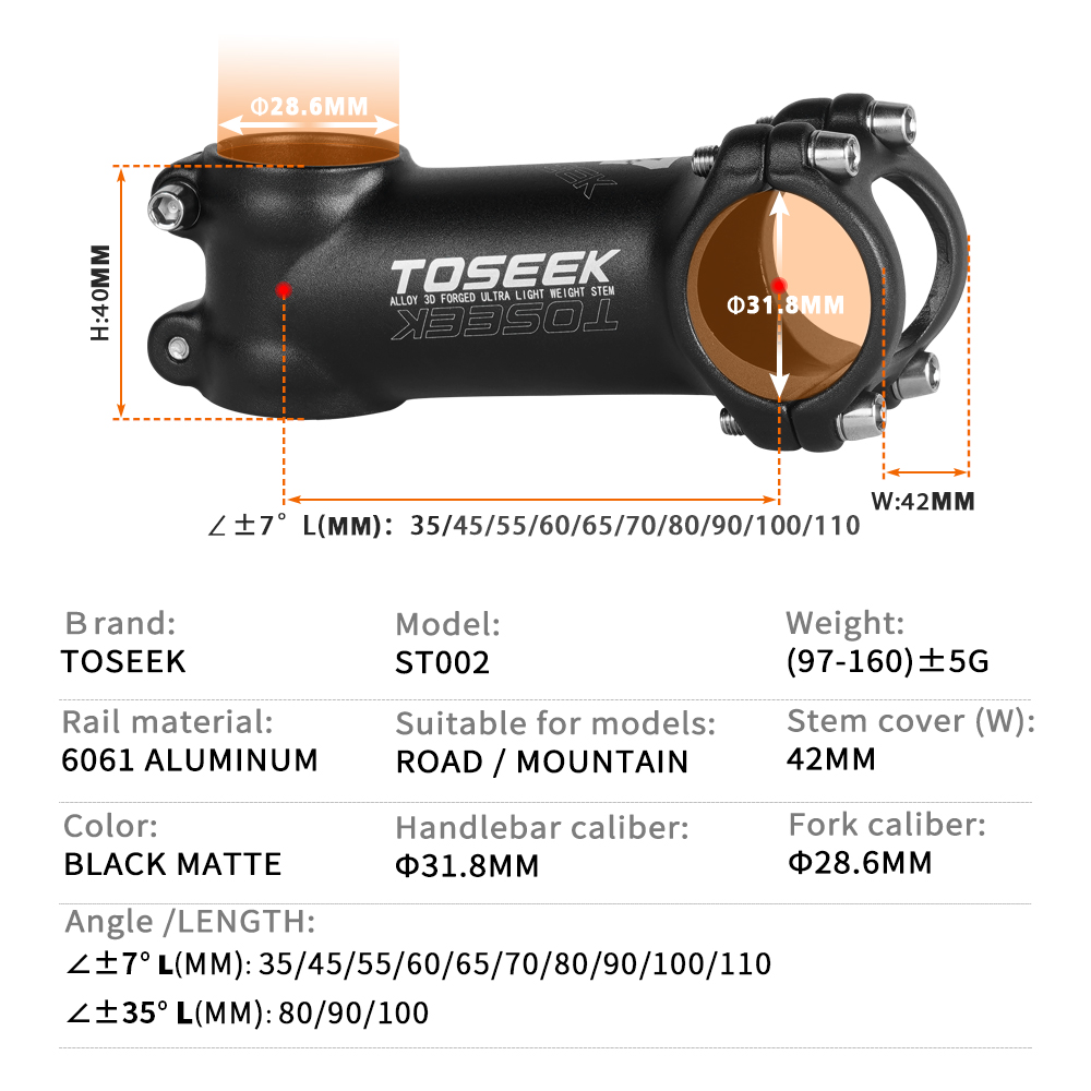 Toseek-超軽量自転車ハンドルバー,ステム,7度,35度,マウンテンバイク