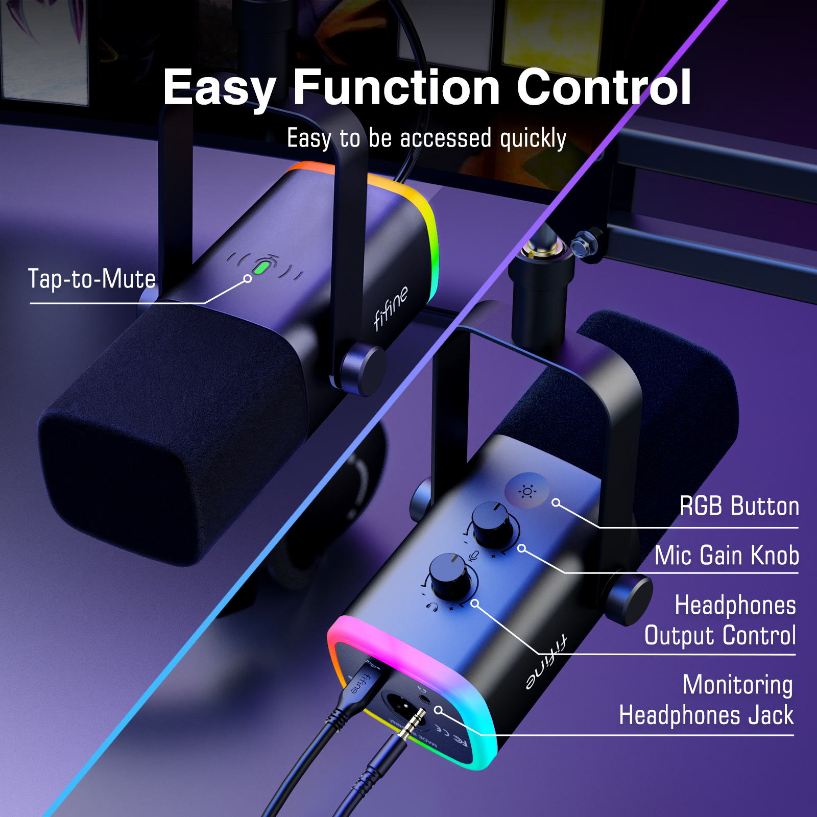 FIFINE XLR/USB Gaming Microphone Kit with Headphone Jack/Mute/RGB