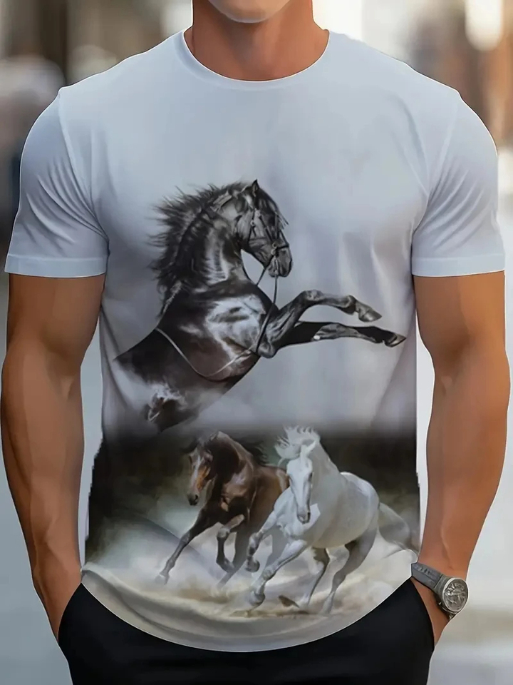 Black White Horse Graphic 3d Full Print T-shirt For Men Fashion