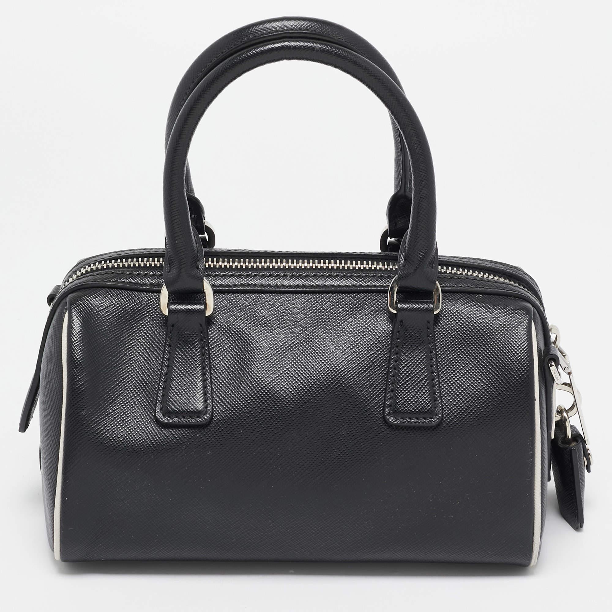 Prada Black Saffiano Lux Leather Mini Boston Bag at 1stDibs