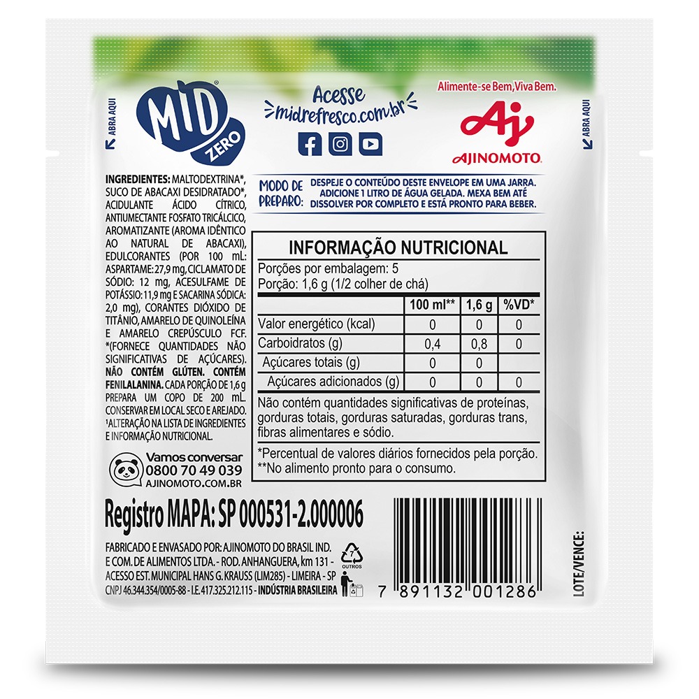 REFRESCO EM PÓ MID® ZERO SABOR ABACAXI 8G | Ajinomoto