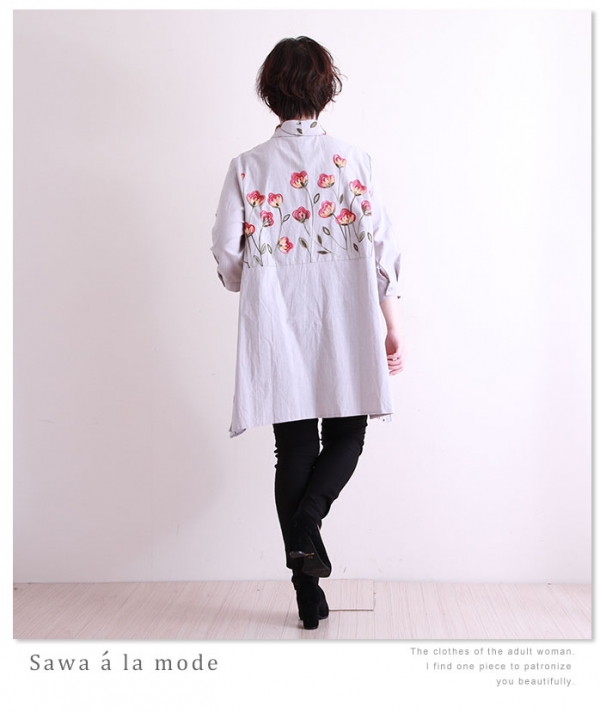 レディース 大人 上品 花柄ポイント刺繍シャツチュニック mode-4575