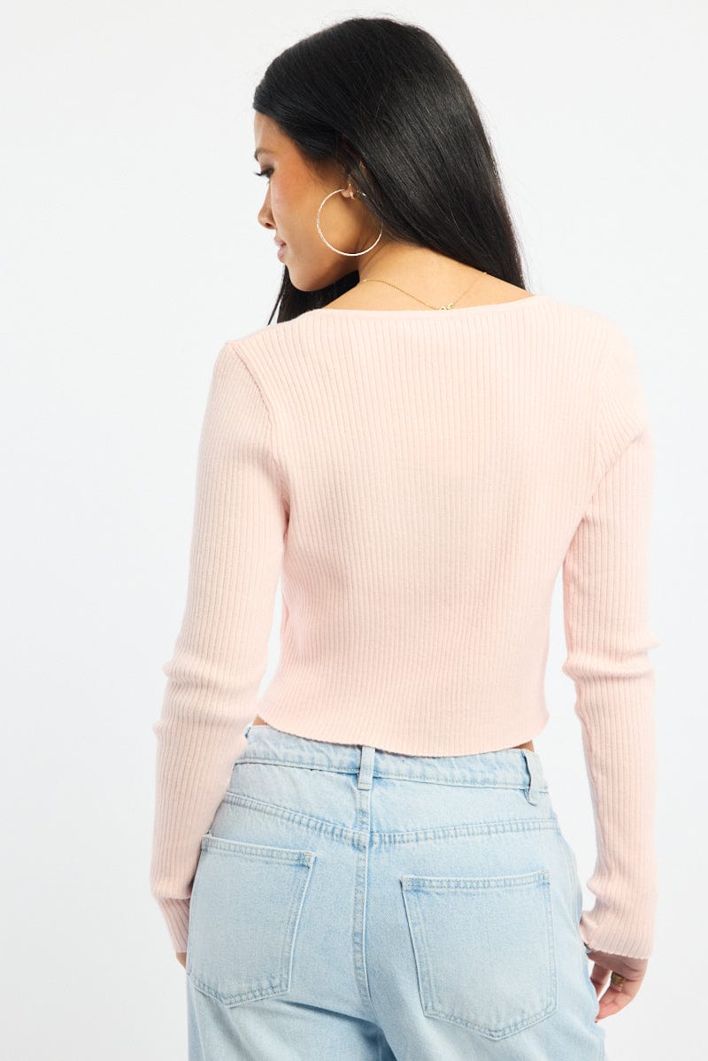 Pink Knit Top Long Sleeve Front Ribbon | Ally Fashion
