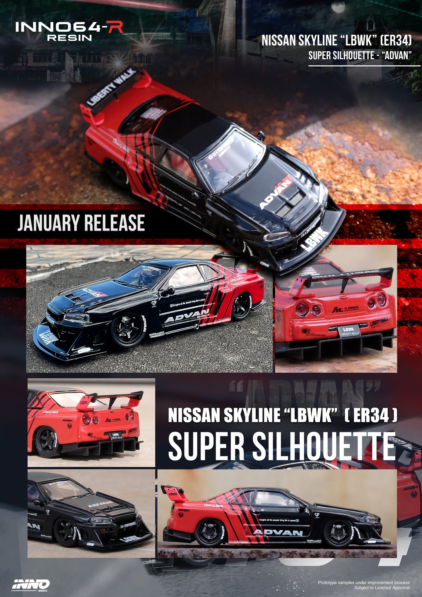 1:64 LBWK Nissan E-R34 Super Silhouette Skyline GTR -- ADVAN -- INNO64