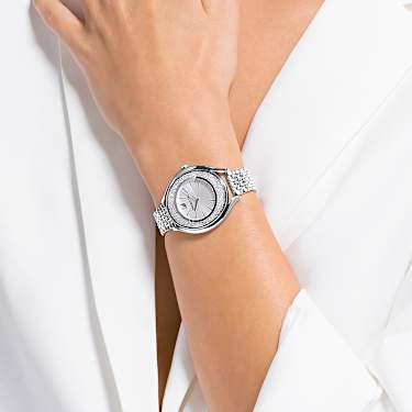 Crystalline aura watch, Swiss Made, Metal bracelet, Silver tone