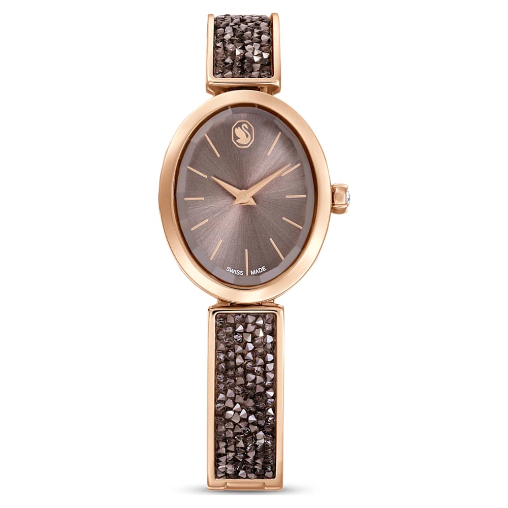 Crystal Rock oval watch, Swiss Made, Crystal bracelet, Grey, Rose