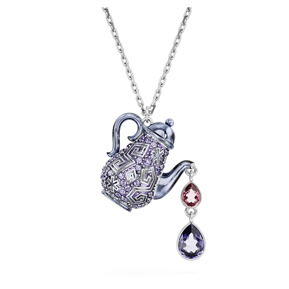 Alice in Wonderland pendant, Teapot, Purple, Rhodium plated