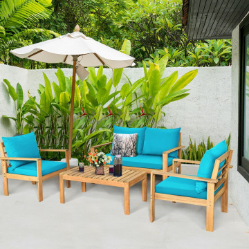 4 Pieces Patio Acacia Wood Thick Cushion Loveseat Sofa Set - Costway