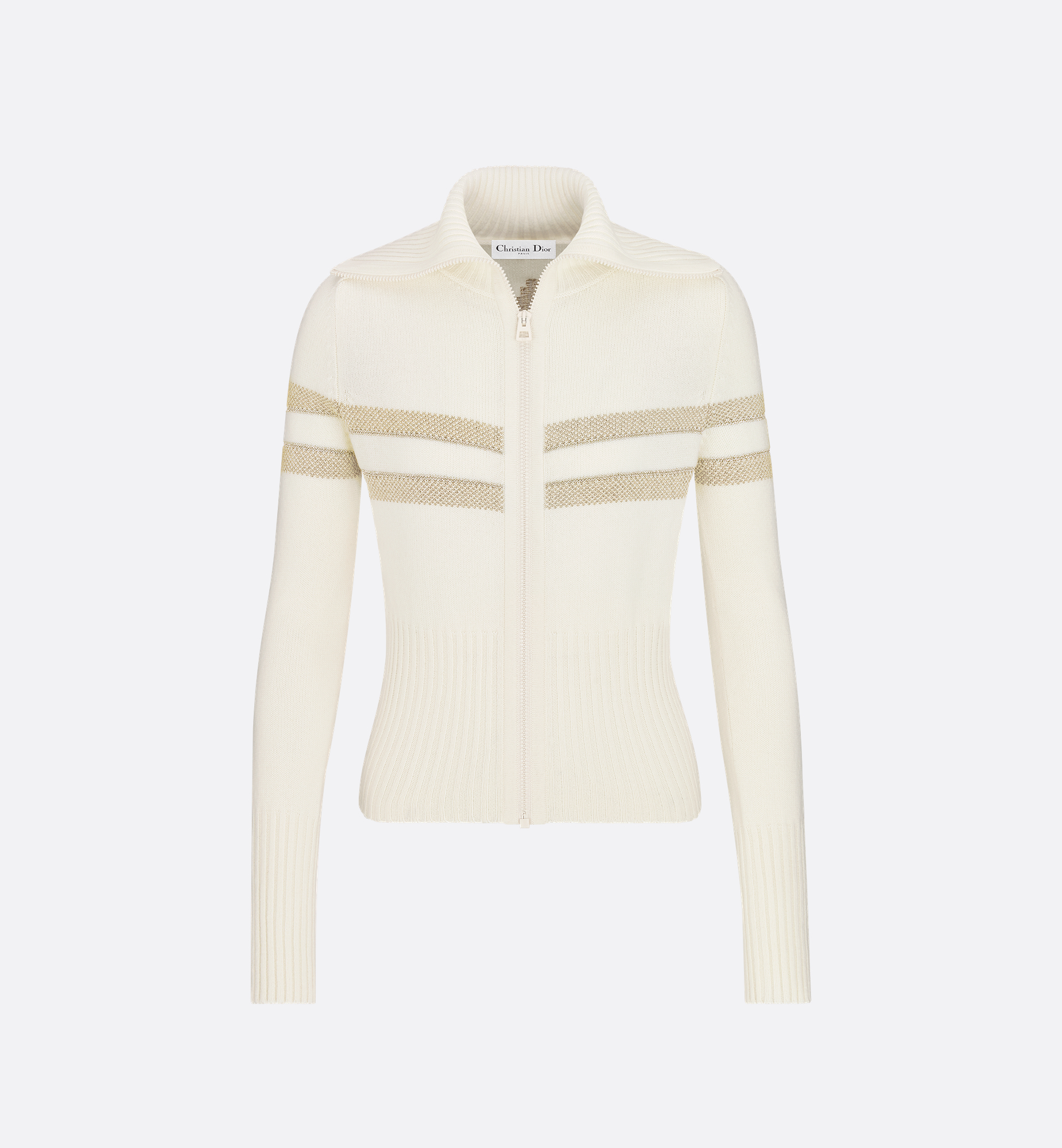 DiorAlps Mock Neck Cardigan Ecru Virgin Wool-Cashmere-Blend Knit