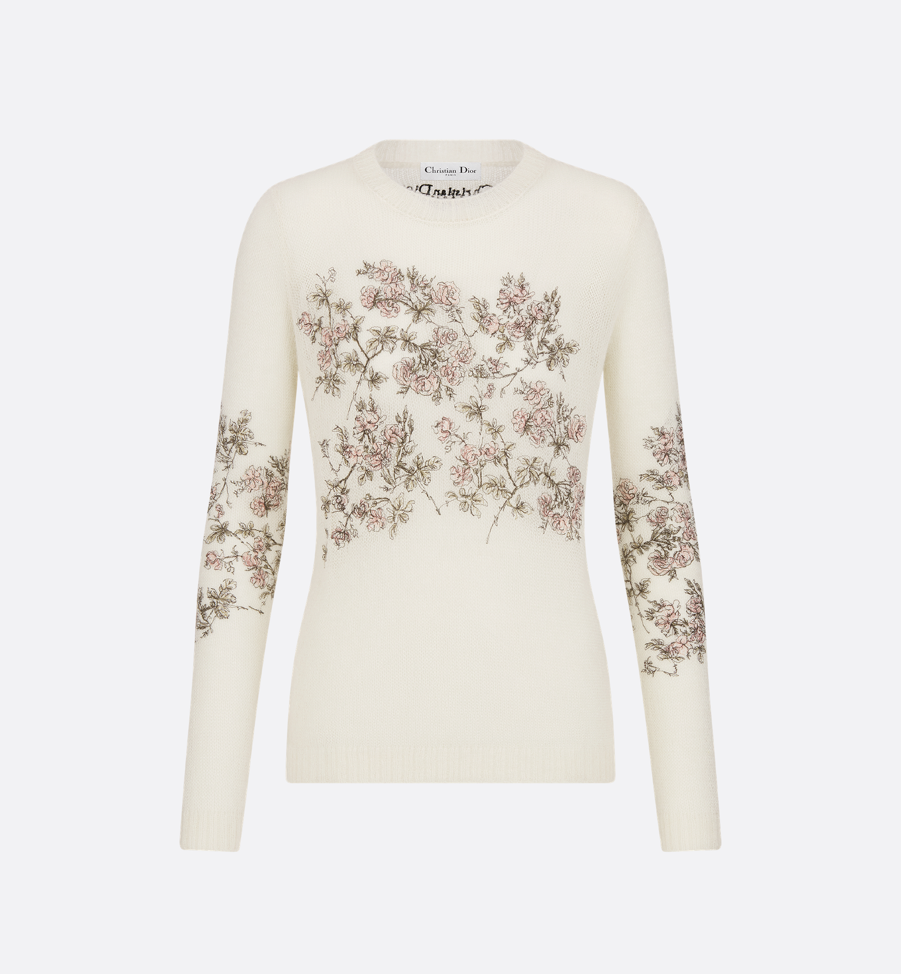 Embroidered Sweater White Silk-Mohair-Alpaca-Blend Knit with
