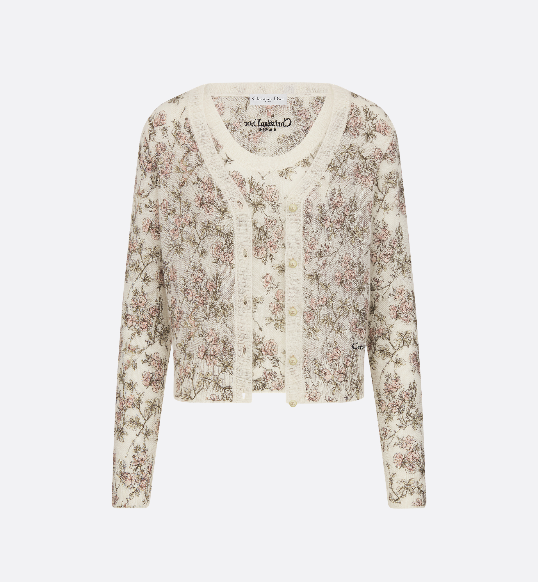 Embroidered Twinset White Silk-Mohair-Alpaca-Blend Knit with