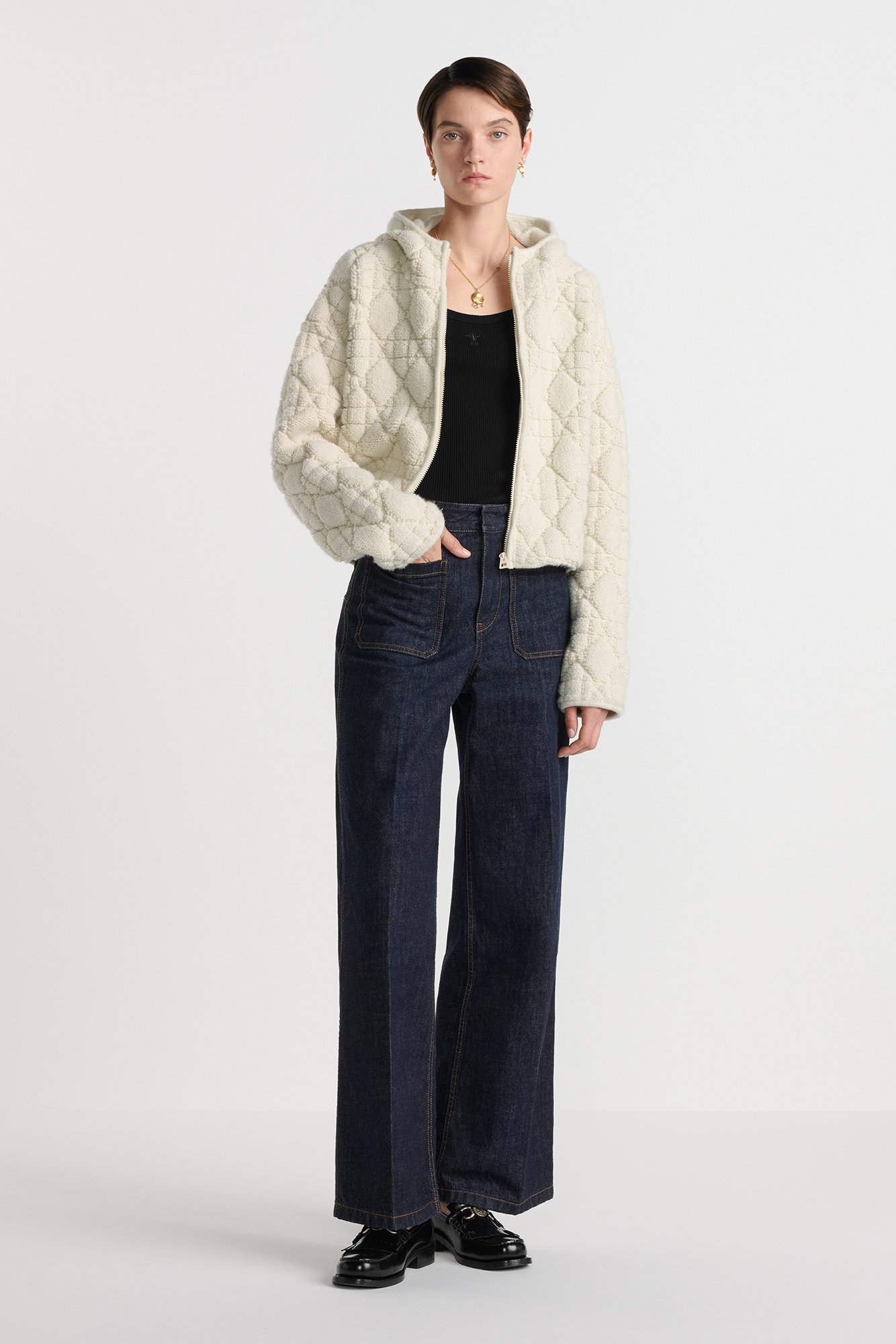 Cannage Zipped Cardigan with Hood Ecru Blended Wool and Cashmere